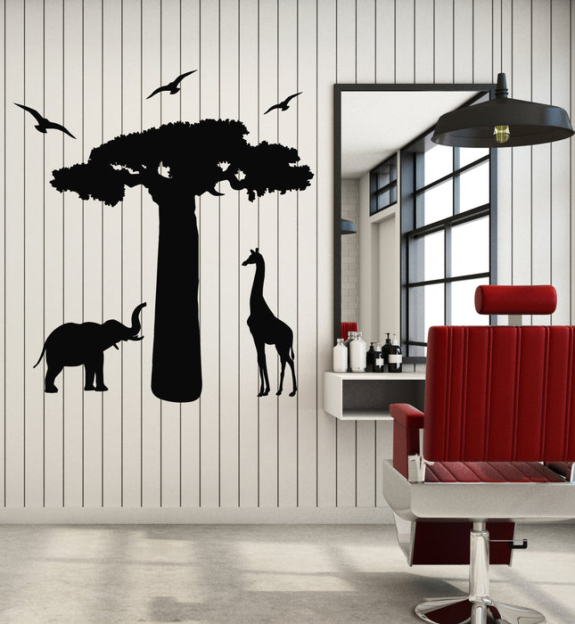 Vinyl Wall Decal Elephant Giraffe African Continent Animals Tree Stickers Mural (g6729)