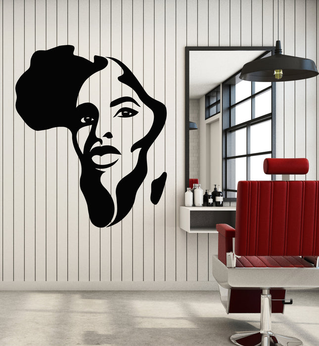 Vinyl Wall Decal Africa Continent Map Black Woman Face Silhouette Stickers Mural (g7923)