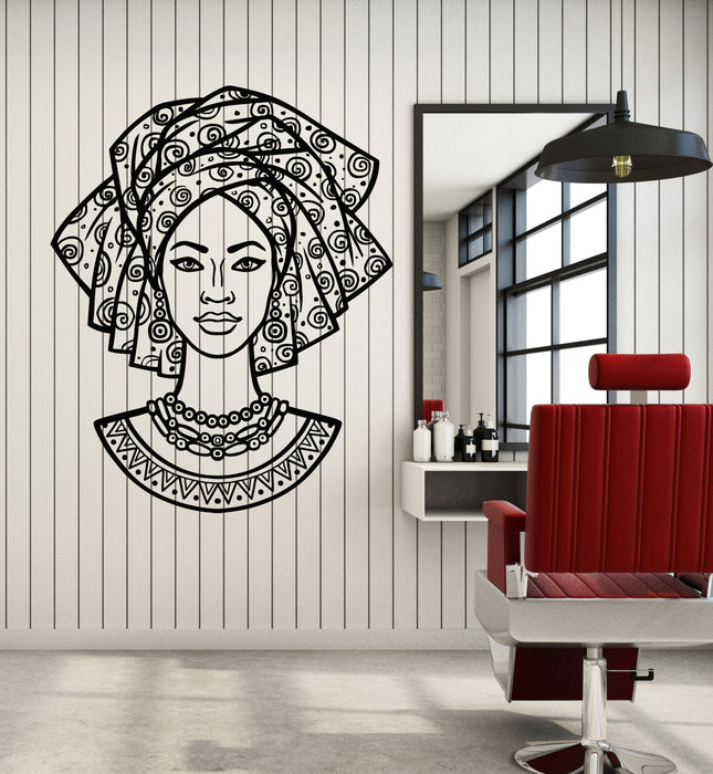 Vinyl Wall Decal Black Girl Woman African Face Beautiful Fashion Native Turban Stickers Mural (g2261)