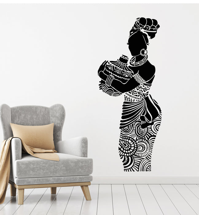 Vinyl Wall Decal Beautiful Black Lady African Woman Jug Turban Stickers Mural (g3910)