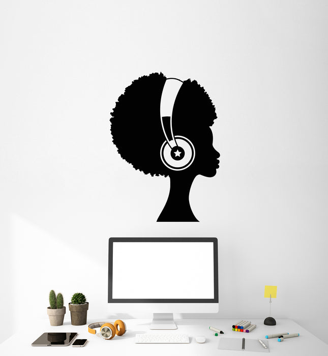 Vinyl Wall Decal Headphones Teen Room Afro Hair Style Stickers Mural (g4740)