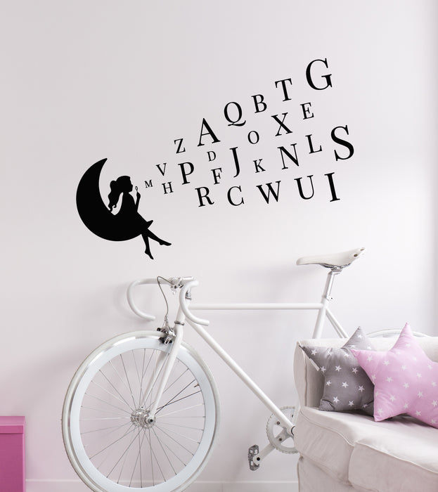 Vinyl Wall Decal Letters Alphabet Girl Silhouettes On Crescent Stickers Mural (g7973)
