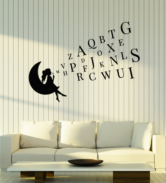 Vinyl Wall Decal Letters Alphabet Girl Silhouettes On Crescent Stickers Mural (g7973)