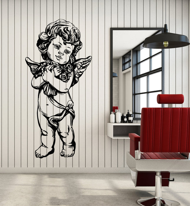 Vinyl Wall Decal Love Cupid Romantic Angel With Roses Stickers Mural (g5628)