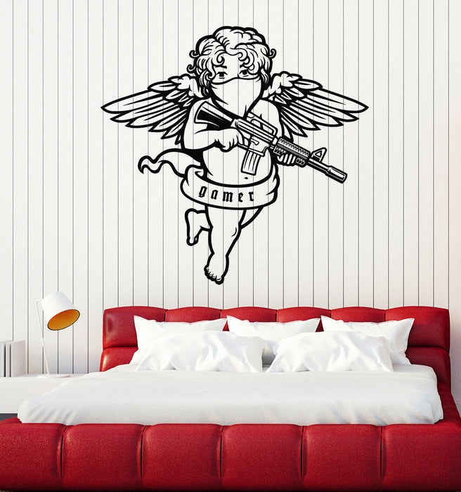 Vinyl Wall Decal Flying Cupid Wings Angel With Automatic Gun Stickers Mural (g6998)