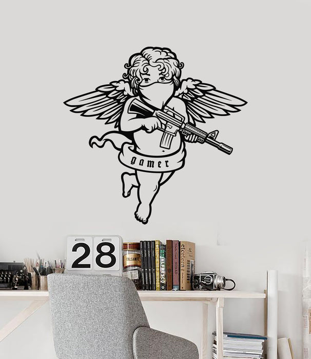 Vinyl Wall Decal Flying Cupid Wings Angel With Automatic Gun Stickers Mural (g6998)