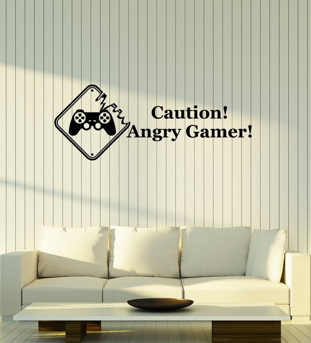 Vinyl Wall Decal Caution Angry Gamer Video Games Quote Joystick Stickers Mural (ig5339)