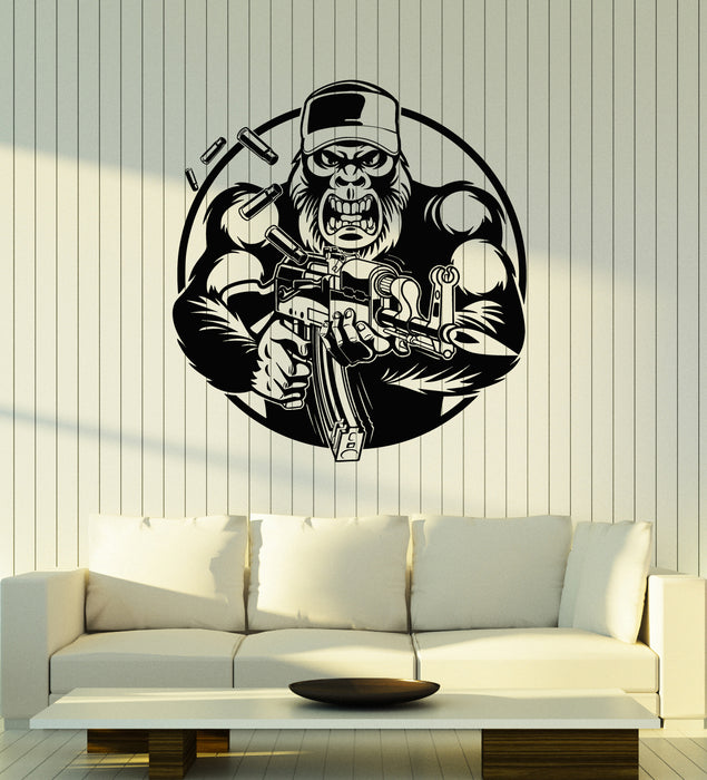 Vinyl Wall Decal Angry Gorilla With Gun Military Animal Stickers Mural (g6369)
