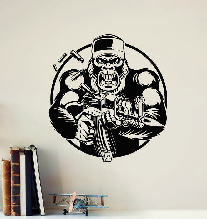 Vinyl Wall Decal Angry Gorilla With Gun Military Animal Stickers Mural (g6369)