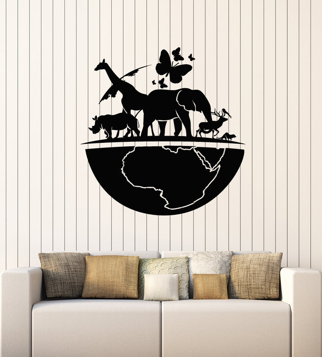 Vinyl Wall Decal World Animals Elephant Giraffe Rhinoceros Butterflies Stickers Mural (g3734)