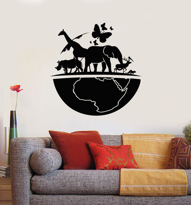 Vinyl Wall Decal World Animals Elephant Giraffe Rhinoceros Butterflies Stickers Mural (g3734)