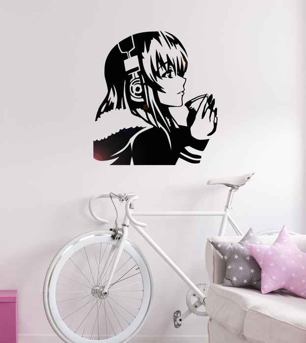 Vinyl Wall Decal Beautiful Anime Girl with Coffee Headphones Art Decor Stickers Mural Unique Gift (ig5225)