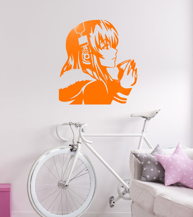 Vinyl Wall Decal Beautiful Anime Girl with Coffee Headphones Art Decor Stickers Mural Unique Gift (ig5225)