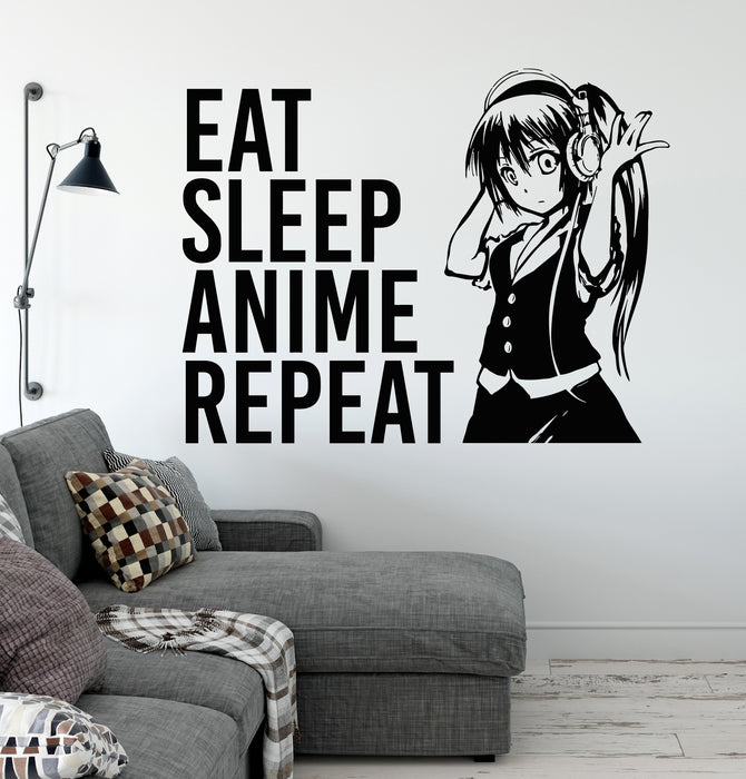 Eat Sleep Anime Repeat Vinyl Wall Decal Beautiful Anime Teen Girl Oriental Manga Stickers Mural (k062)