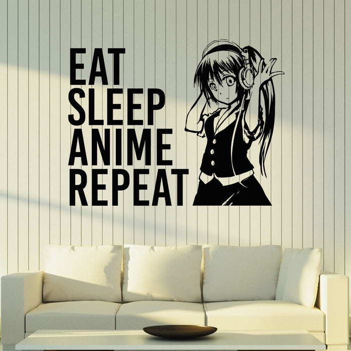 Eat Sleep Anime Repeat Vinyl Wall Decal Beautiful Anime Teen Girl Oriental Manga Stickers Mural (k062)
