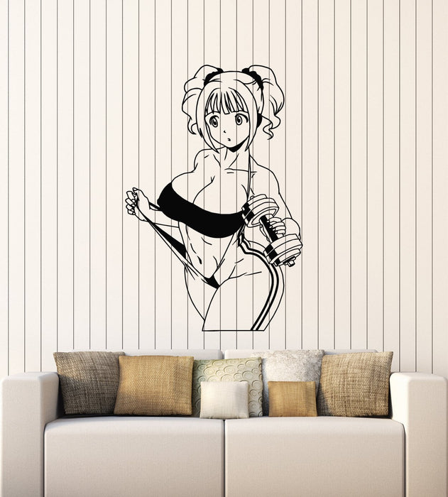Vinyl Wall Decal Asian Sports Girl with Dumbbells Anime Gym Fitness Stickers Mural (ig5321)
