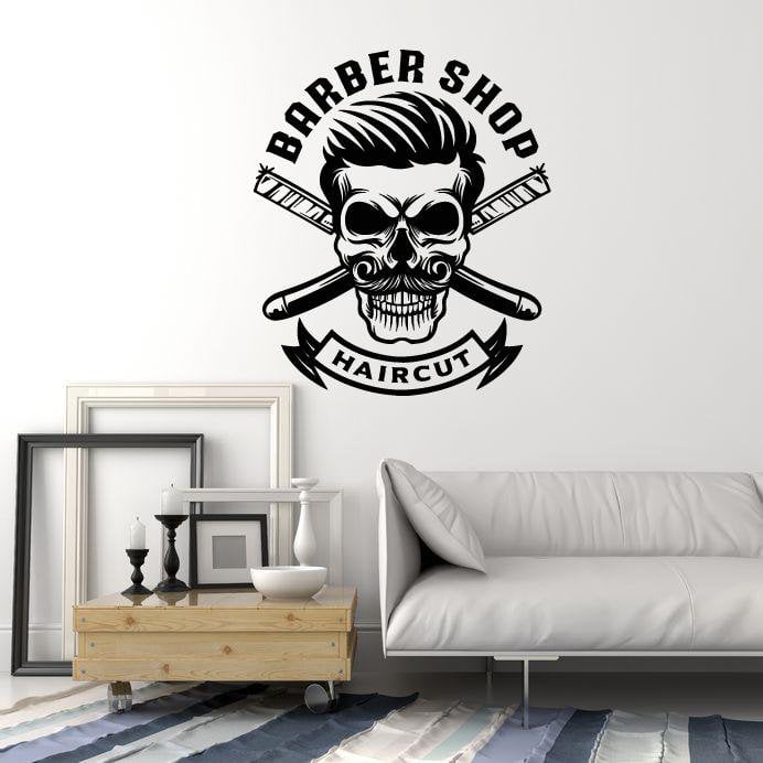 Barber Razor Sticker Vinyl Wall Decal Barber Shop Haircut Skull Straight Razor Stickers Mur ...