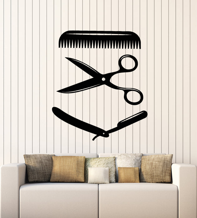 Vinyl Wall Decal Barber Tools Hair Master Stylist Comb Scissors Stickers Mural (g1227)