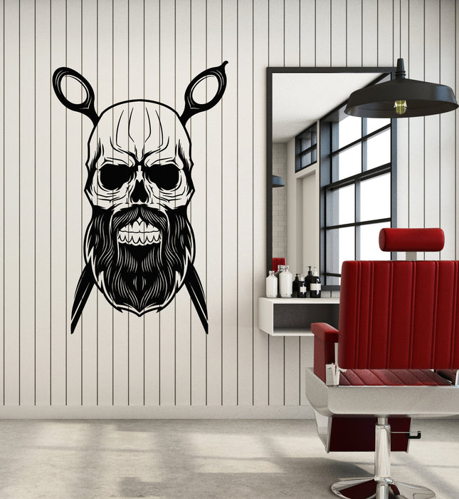 Vinyl Wall Decal Skull Beard Scissors Barbershop Shaving Haircut Stickers Mural (g1339)