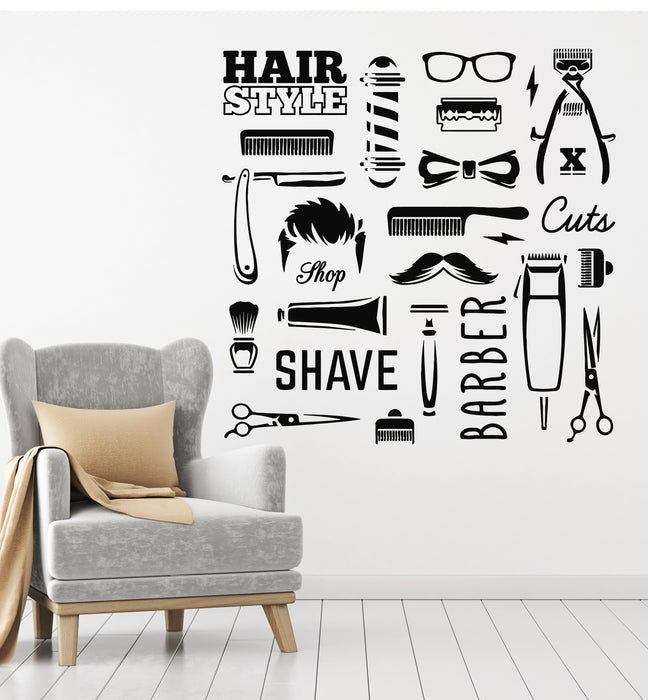 Vinyl Wall Decal Barber Shop Tools Hair Style Shave Cuts Stickers Mural (g1580)