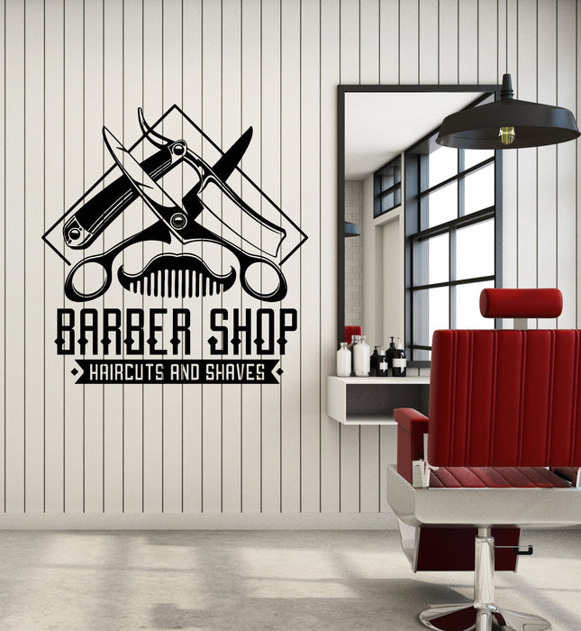 Vinyl Wall Decal Lettering Barbershop Tools Haircuts Shaves Man's Hair Stickers Mural (g1616)