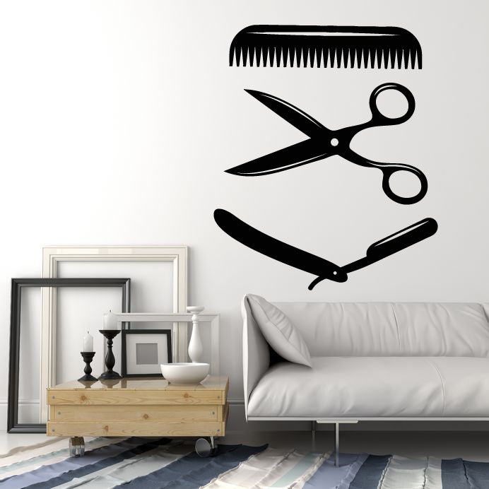 Vinyl Wall Decal Barber Tools Hair Master Stylist Comb Scissors Stickers Mural (g1227)