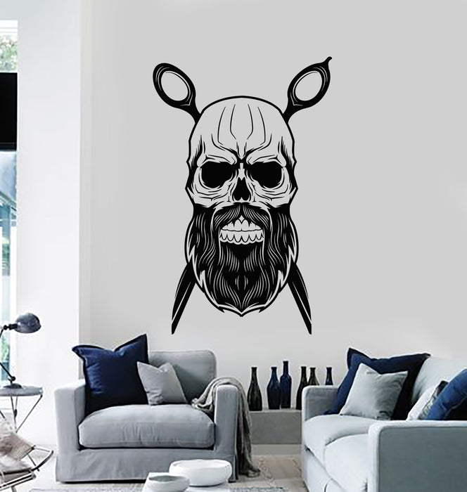 Vinyl Wall Decal Skull Beard Scissors Barbershop Shaving Haircut Stickers Mural (g1339)