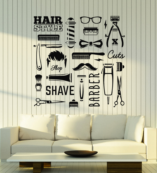 Vinyl Wall Decal Barber Shop Tools Hair Style Shave Cuts Stickers Mural  (g1580)