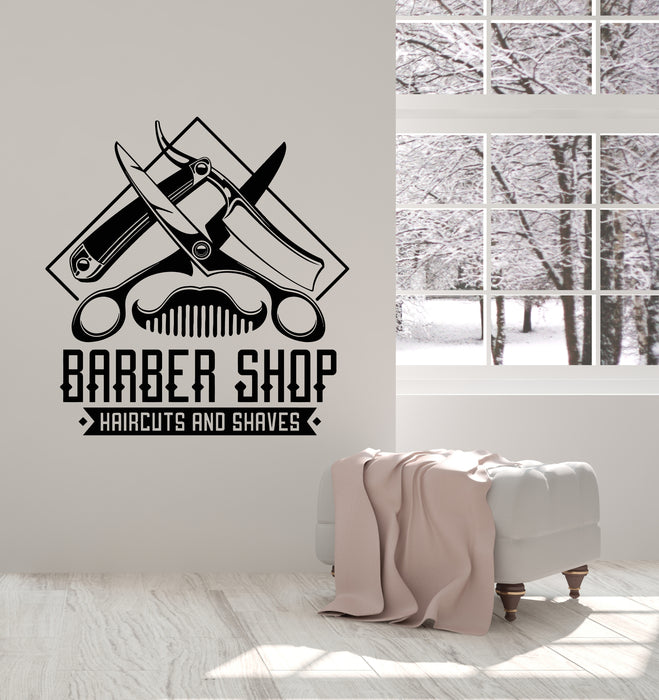 Vinyl Wall Decal Lettering Barbershop Tools Haircuts Shaves Man's Hair Stickers Mural (g1616)