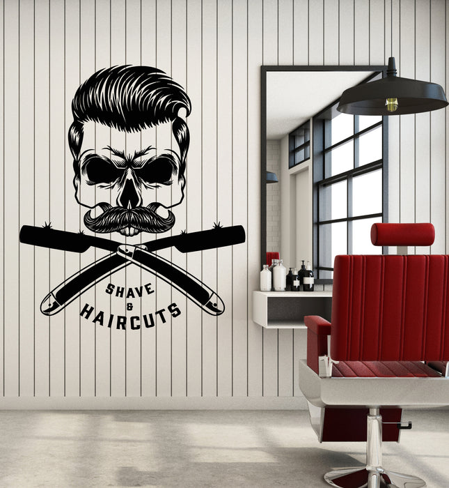 Vinyl Wall Decal Barber Shop Hair Salon Skull Bones Haircut Shaves Stickers Mural (g4021)