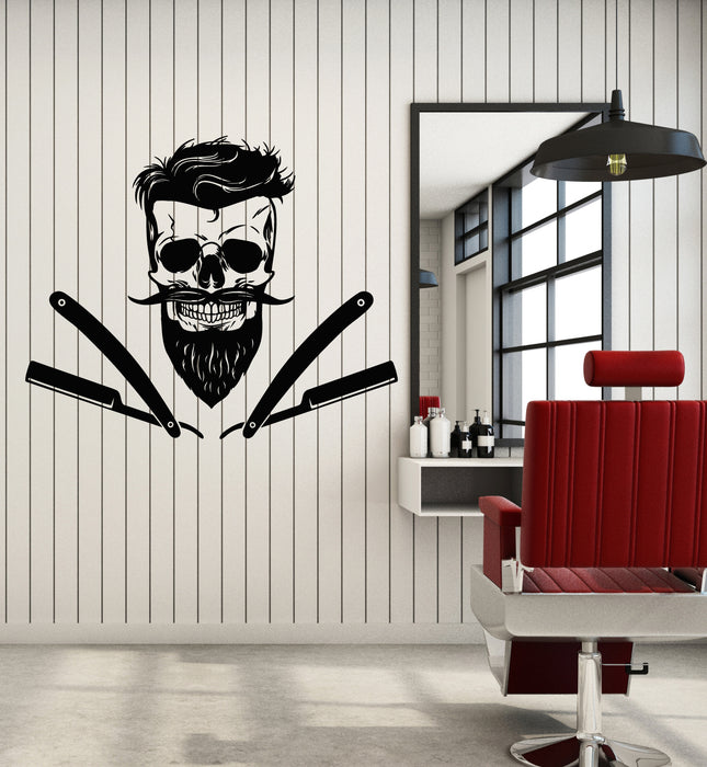 Vinyl Wall Decal Barbershop Barber Shaving Skull Beard Haircut Stickers Mural (g3017)