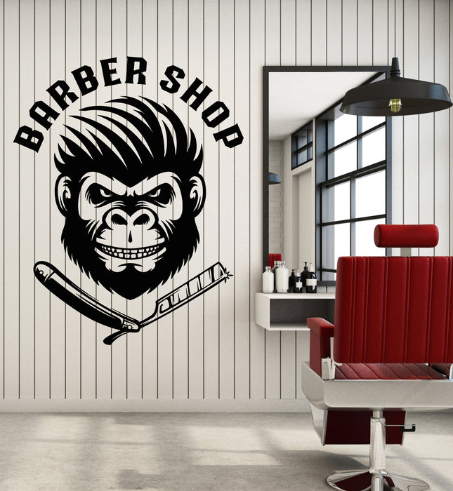 Vinyl Wall Decal Barbershop Tools Hair Salon Monkey Head Stickers Mural (g4989)