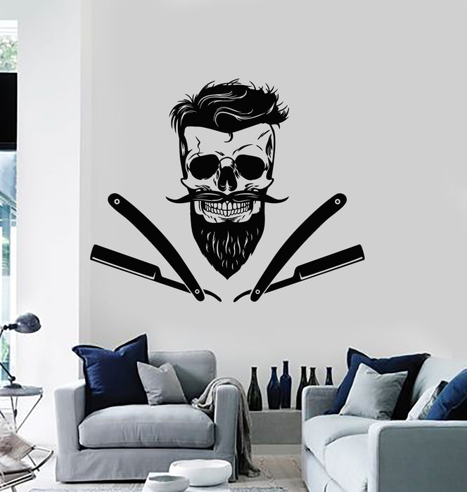 Vinyl Wall Decal Barbershop Barber Shaving Skull Beard Haircut Stickers Mural (g3017)