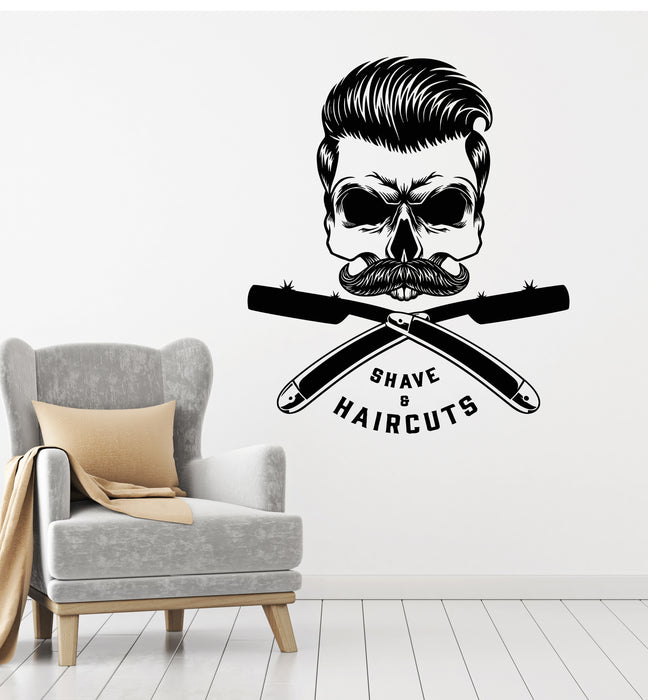 Vinyl Wall Decal Barber Shop Hair Salon Skull Bones Haircut Shaves Stickers Mural (g4021)