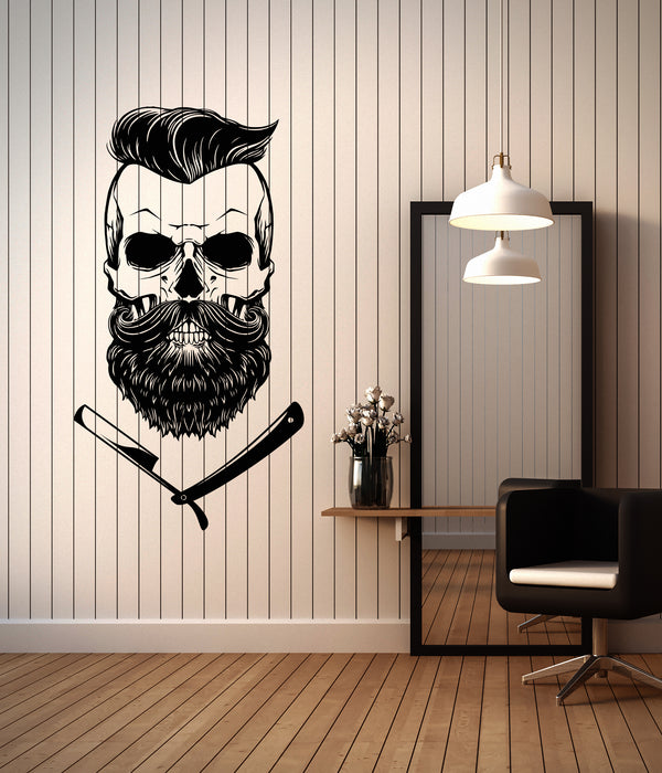 Vinyl Wall Decal Barbershop Barber Shop Skull Straight Razor Hair Salon Stickers Mural (ig6319)