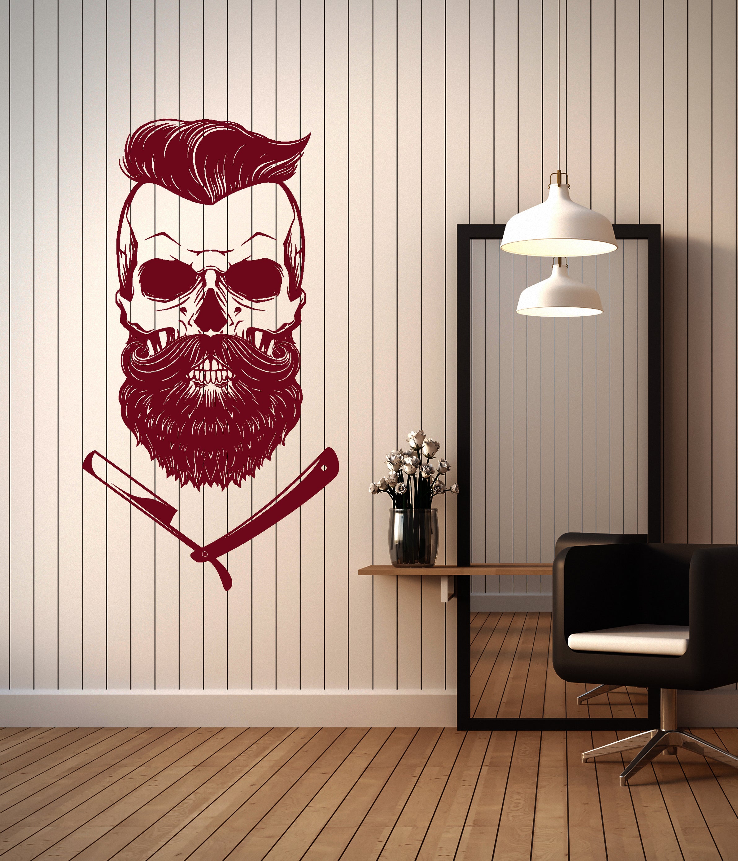 Barber Razor Sticker Vinyl Wall Decal Barbershop Barber Shop Skull Straight Razor Hair Salo ...