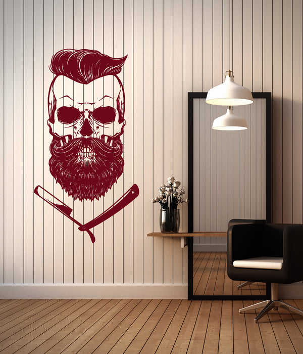 Vinyl Wall Decal Barbershop Barber Shop Skull Straight Razor Hair Salon Stickers Mural (ig6319)