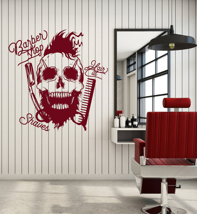 Vinyl Wall Decal Barbershop Skull Barber Tools Straight Razor Scissors Stickers Mural (ig6432)