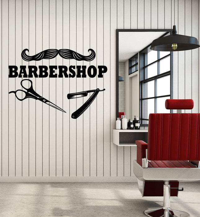 Vinyl Wall Decal Moustache Scissors Haircuts for Men Barber Shop Stickers Mural (g4204)