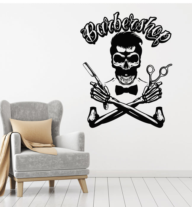 Vinyl Wall Decal Shaving Haircut Barber Tools Barbershop Haircut Skull Stickers Mural (g4297)