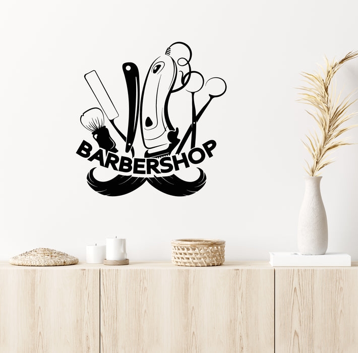 Vinyl Wall Decal Barber Shop Salon Moustache Haircut Scissors Stickers Mural (g6509)