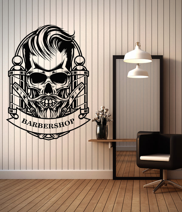 Vinyl Wall Decal Barbershop Skull Barber Shop Hair Salon Hairstyling Stickers Mural (ig6360)