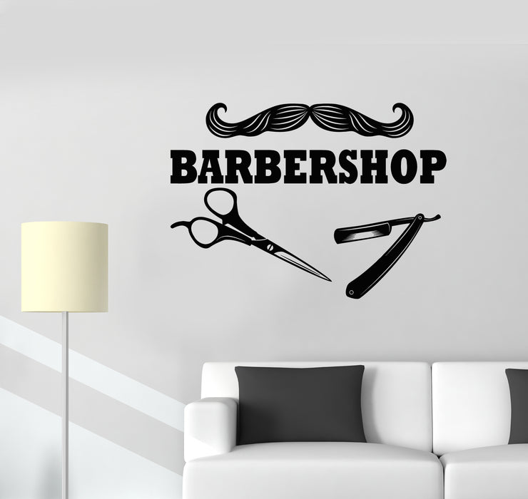 Vinyl Wall Decal Moustache Scissors Haircuts for Men Barber Shop Stickers Mural (g4204)