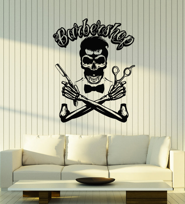 Vinyl Wall Decal Shaving Haircut Barber Tools Barbershop Haircut Skull Stickers Mural (g4297)