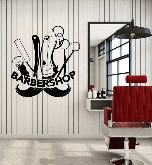 Vinyl Wall Decal Barber Shop Salon Moustache Haircut Scissors Stickers Mural (g6509)