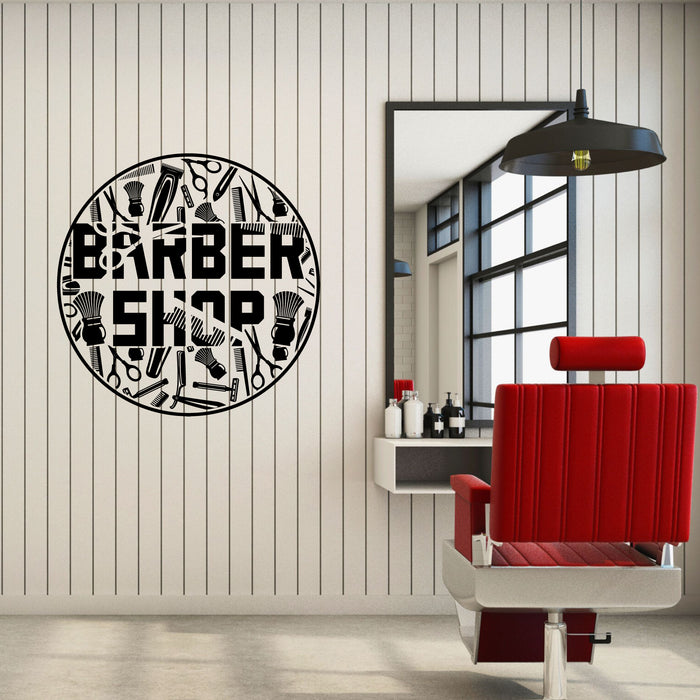 Barber Shop Vinyl Decal Beauty Salon Scissors Tools Lettering Circle Stickers Mural (k323)