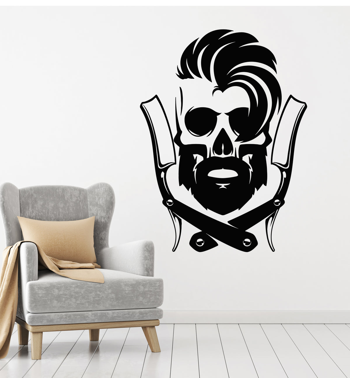 Vinyl Wall Decal Hair Salon Barber Tools Skull Barbershop Shaving