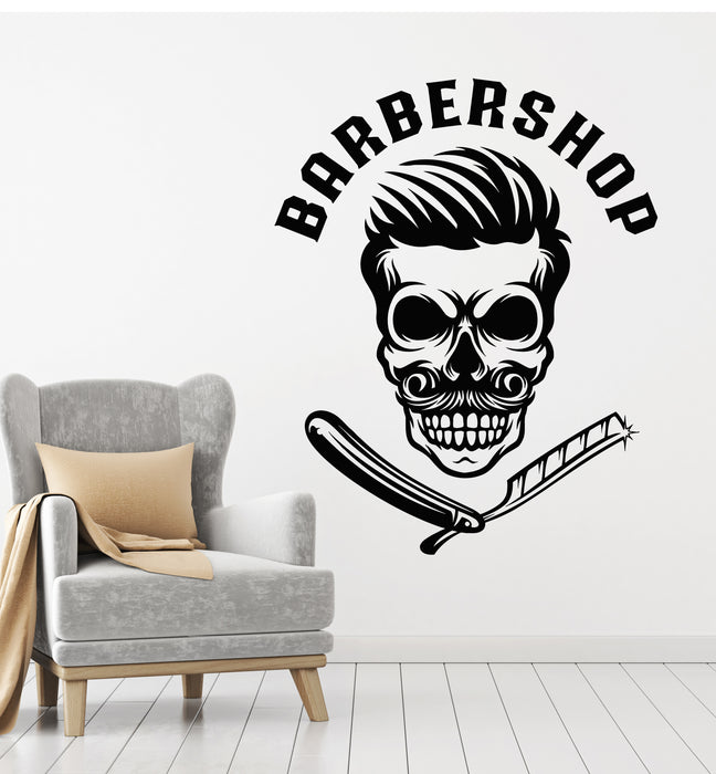 Vinyl Wall Decal Skull Bones Razor Barber Shop Haircut Man's Hair Stickers Mural (g5197)