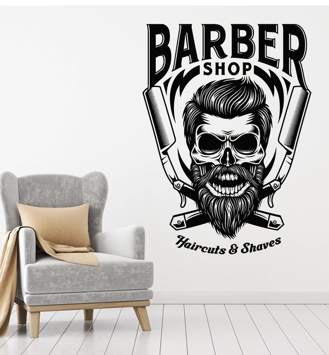 Vinyl Wall Decal Haircuts Shaves Barber Shop Skull Man's Hair Stickers Mural (g7361)