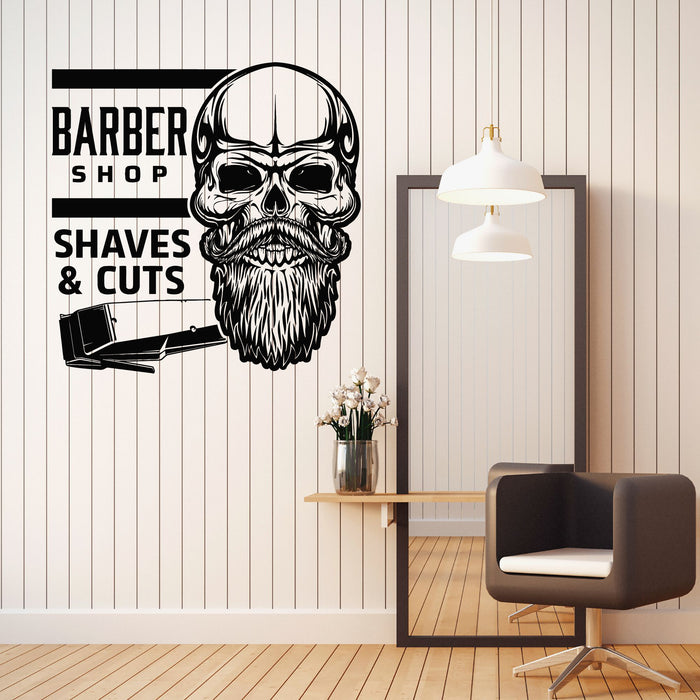 Vinyl Wall Decal Barber Shop Shaves Cuts Bearded Skull Stickers Mural (g8048)
